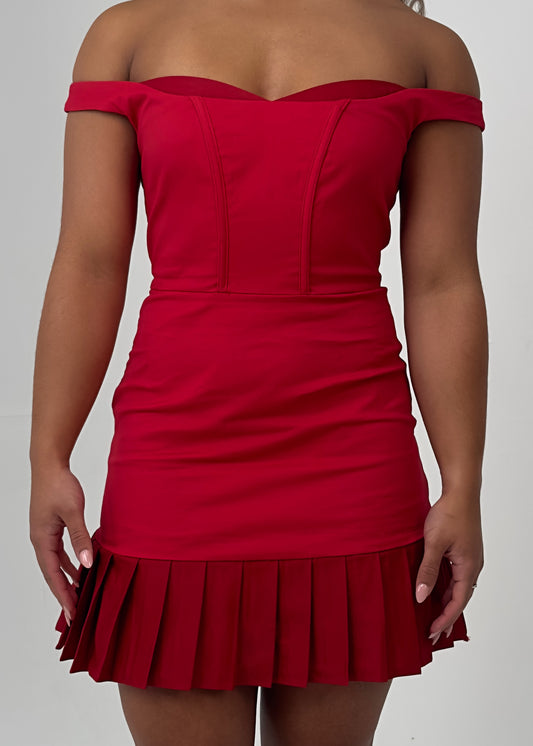 The Bardot Pleated Mini Dress in Red