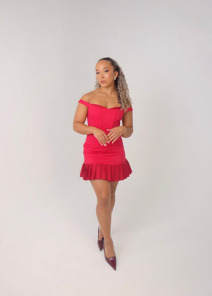 The Bardot Pleated Mini Dress in Red